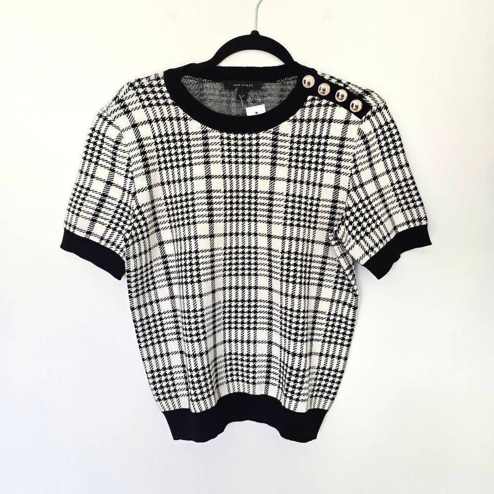 Ann Taylor Sweater Women's Small White Black Houndstooth Button Stretchy Career